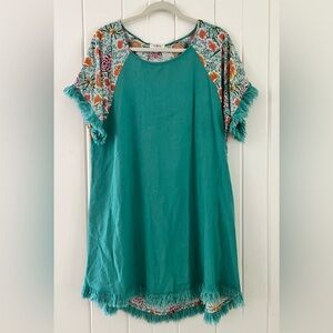 Umgee Teal Dress with Floral Accents